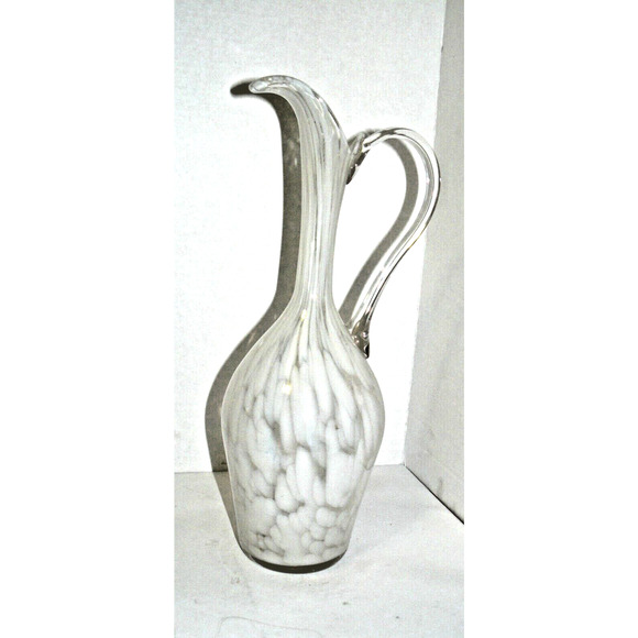 Rare Hand Blown Glass Swung Pitcher Vase 15" Clear & White Vintage MCM Abstract - Picture 6 of 7